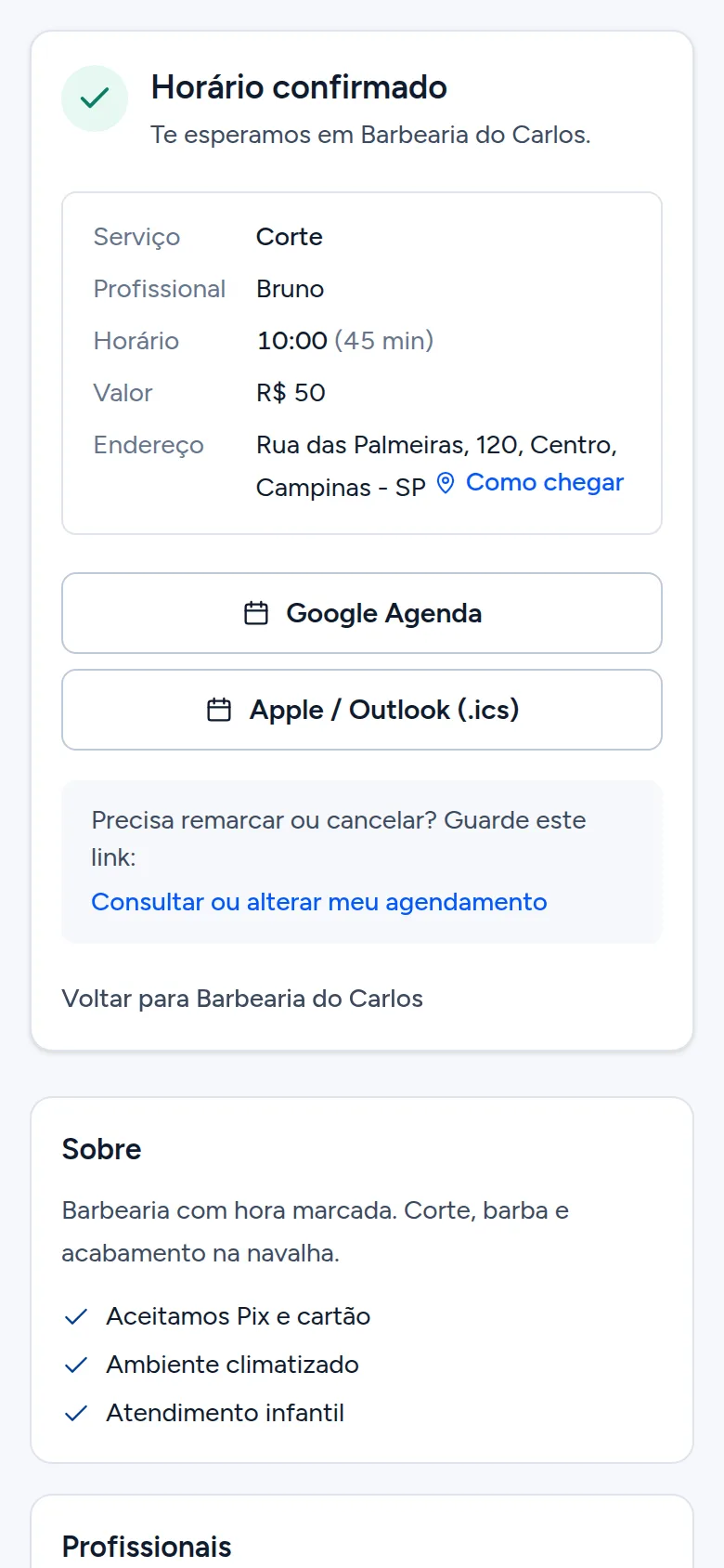 Exemplo: horário confirmado, com botões para adicionar à agenda do celular