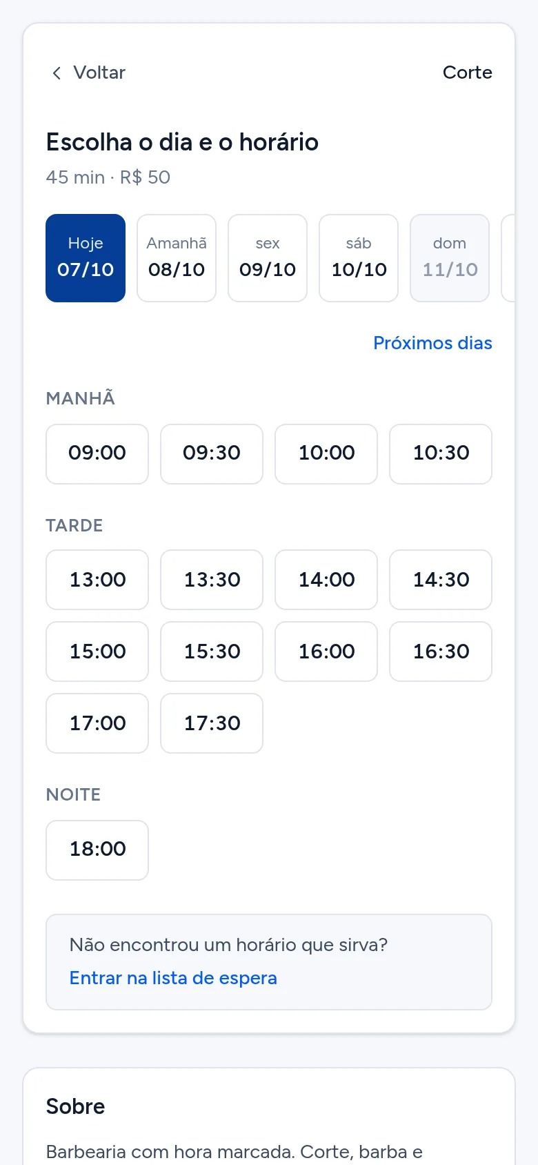 Exemplo: escolha do dia e do horário no celular