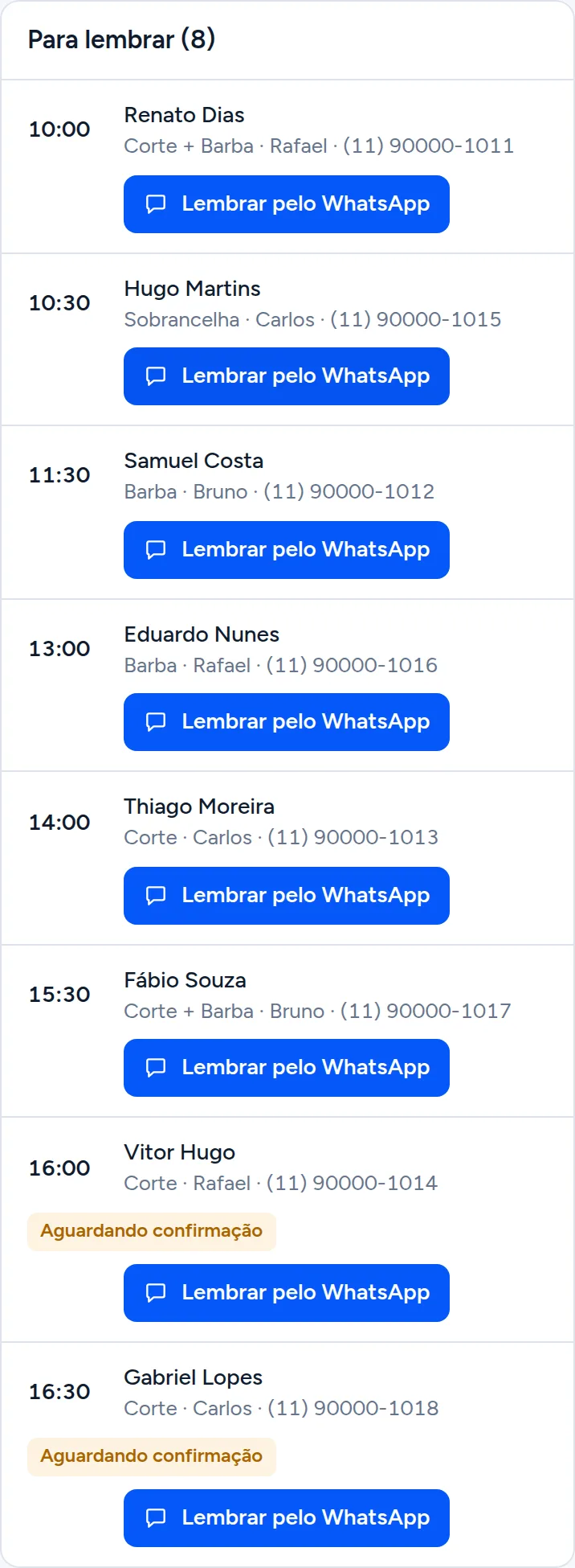Exemplo: lista de clientes de amanhã com o botão Lembrar pelo WhatsApp