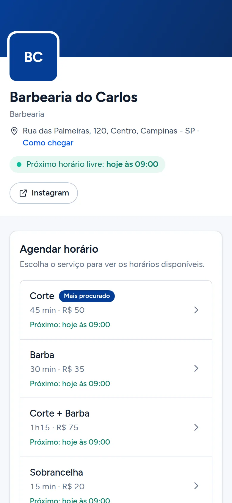 Exemplo: página de agendamento no celular, com serviços, preços e o próximo horário livre
